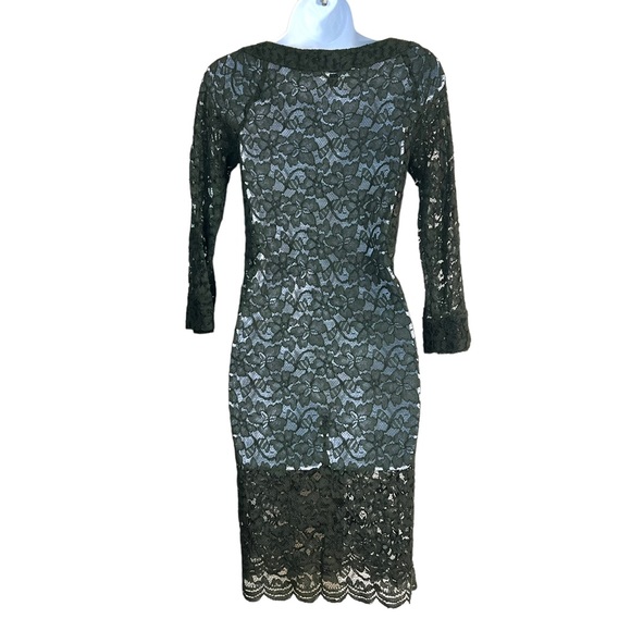 Diane Von Furstenberg Sheath Dress Olive Green Lace 3/4 Sleeve Sheer - Picture 2 of 8